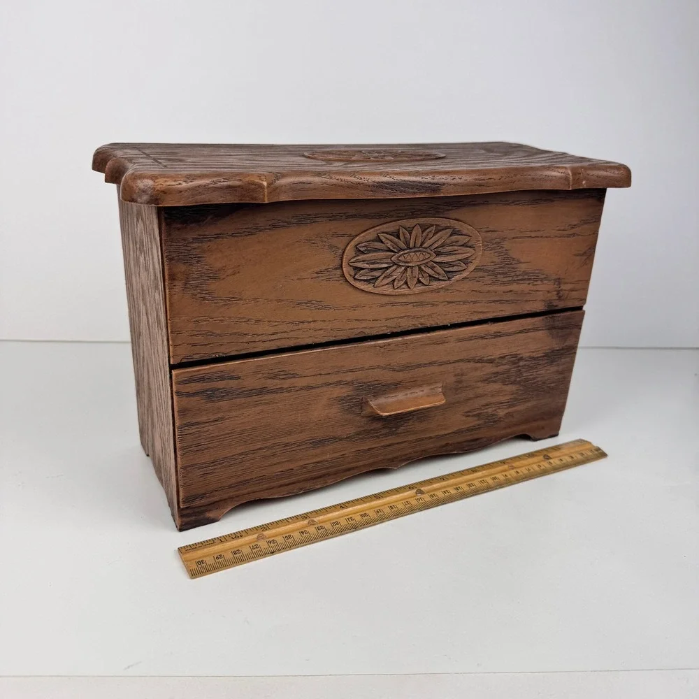 Vtg Plastic Lerner Tabletop Drawer Storage Box Faux Fake Wood Grain Brown‎ Tan